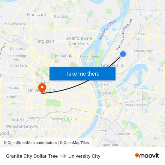Granite City Dollar Tree to University City map