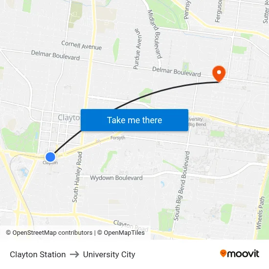 Clayton Station to University City map