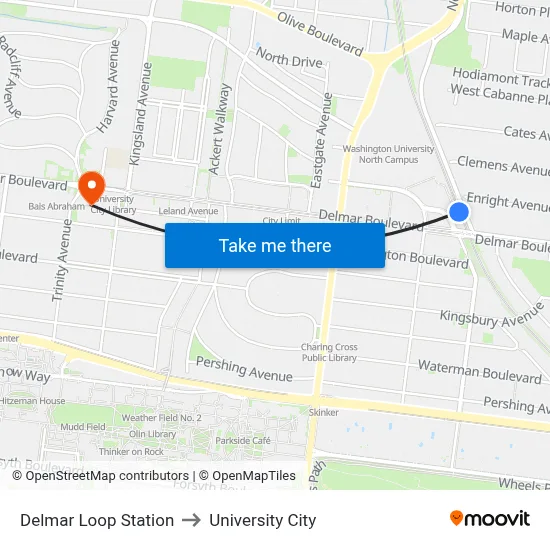 Delmar Loop Station to University City map