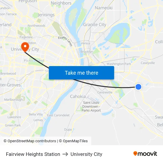 Fairview Heights Station to University City map