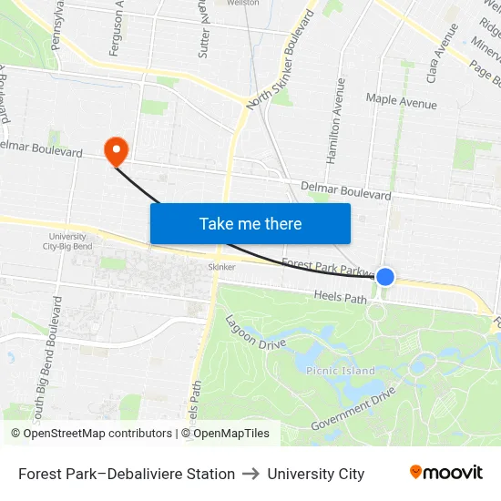 Forest Park–Debaliviere Station to University City map