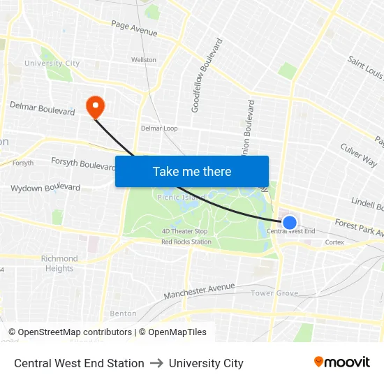 Central West End Station to University City map