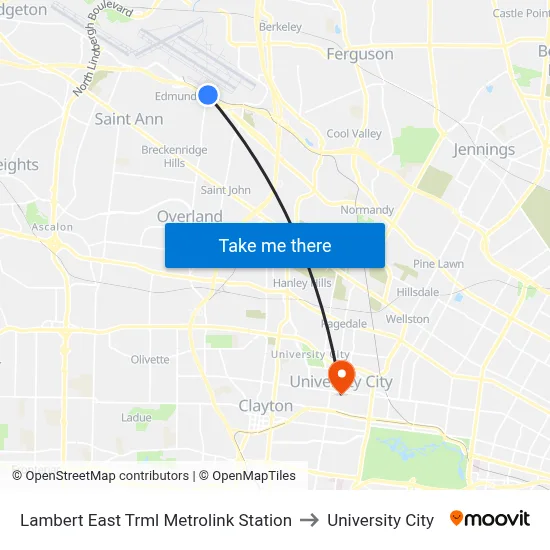 Lambert East Trml Metrolink Station to University City map