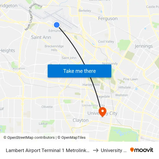 Lambert Airport Terminal 1 Metrolink Station to University City map