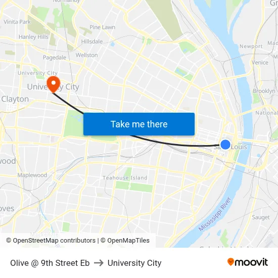 Olive @ 9th Street Eb to University City map