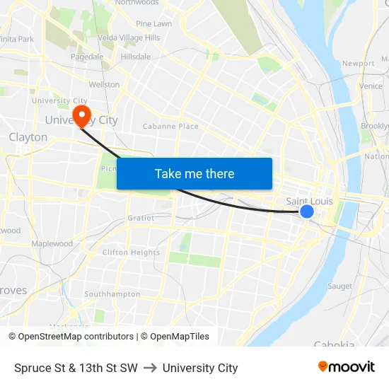 Spruce St & 13th St SW to University City map