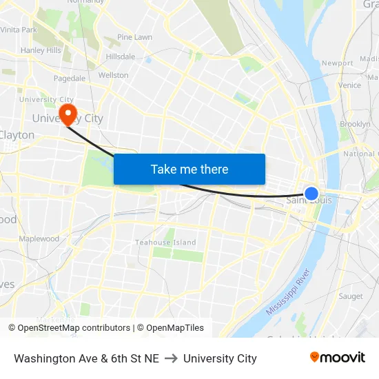 Washington Ave & 6th St NE to University City map