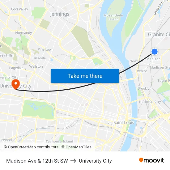 Madison Ave & 12th St SW to University City map