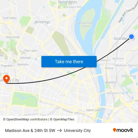 Madison Ave & 24th St SW to University City map