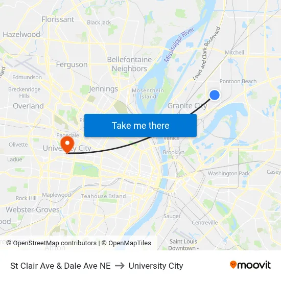 St Clair Ave & Dale Ave NE to University City map