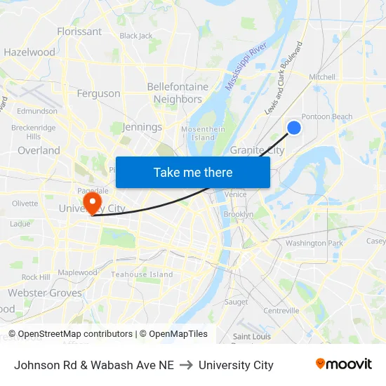 Johnson Rd & Wabash Ave NE to University City map