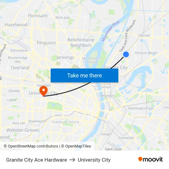 Granite City Ace Hardware to University City map