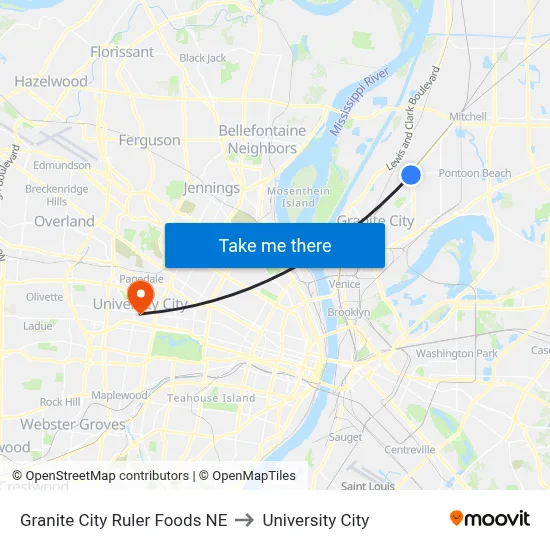 Granite City Ruler Foods NE to University City map