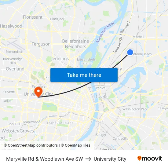 Maryville Rd & Woodlawn Ave SW to University City map