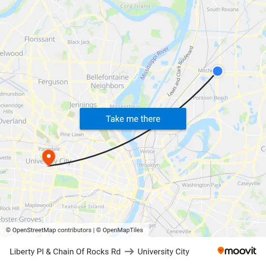 Liberty Pl & Chain Of Rocks Rd to University City map