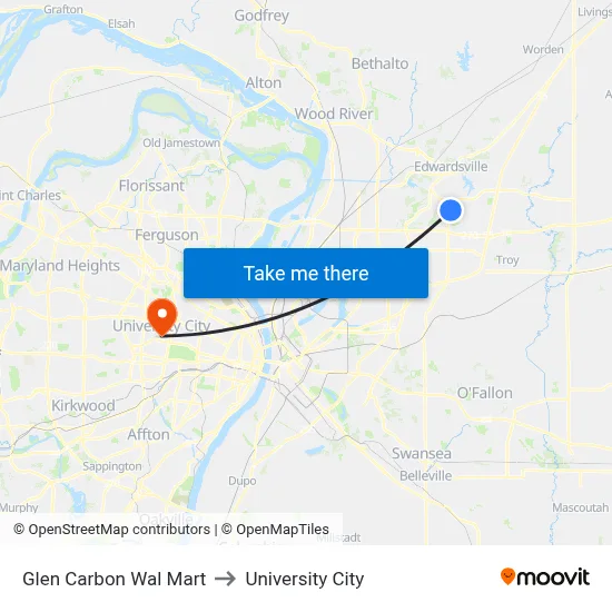 Glen Carbon Wal Mart to University City map