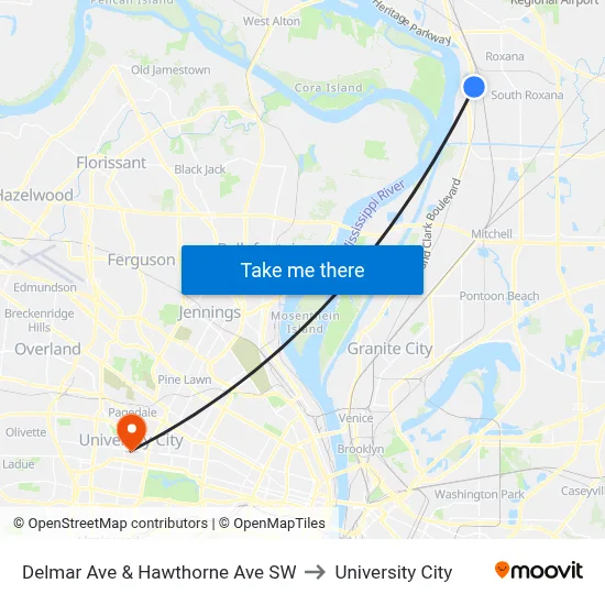 Delmar Ave & Hawthorne Ave SW to University City map