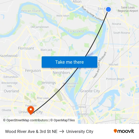 Wood River Ave & 3rd St NE to University City map