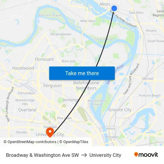 Broadway & Washington Ave SW to University City map