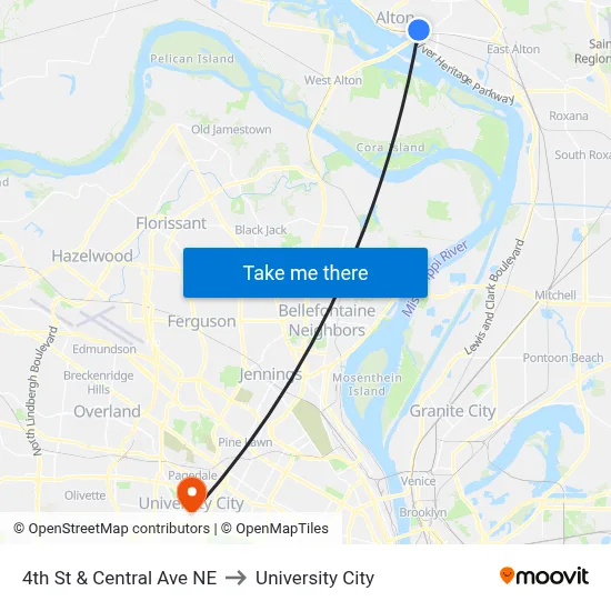 4th St & Central Ave NE to University City map