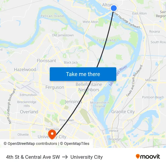 4th St & Central Ave SW to University City map