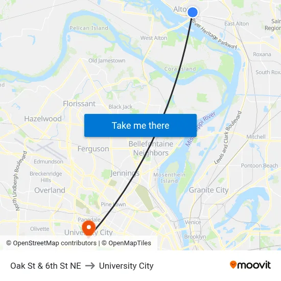 Oak St & 6th St NE to University City map