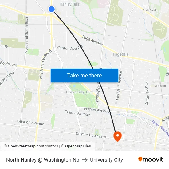 North Hanley @ Washington Nb to University City map