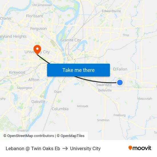 Lebanon @ Twin Oaks Eb to University City map
