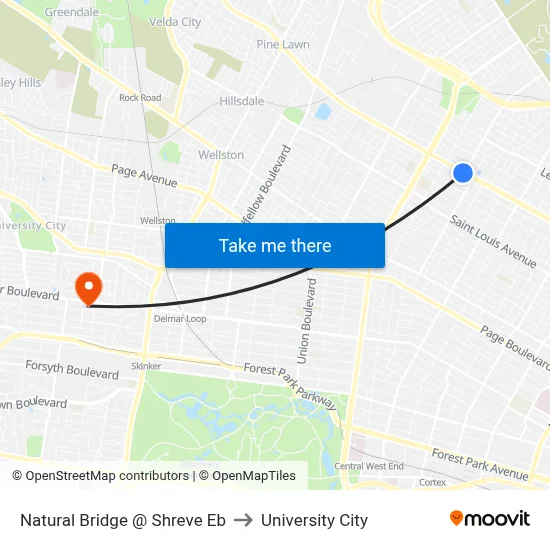 Natural Bridge @ Shreve Eb to University City map