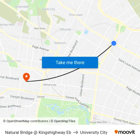 Natural Bridge @ Kingshighway Eb to University City map
