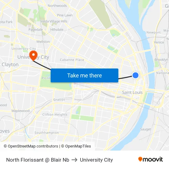 North Florissant @ Blair Nb to University City map