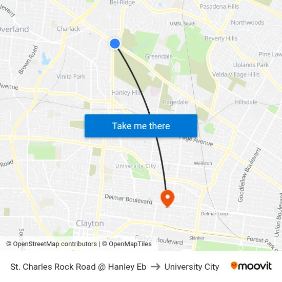 St. Charles Rock Road @ Hanley Eb to University City map