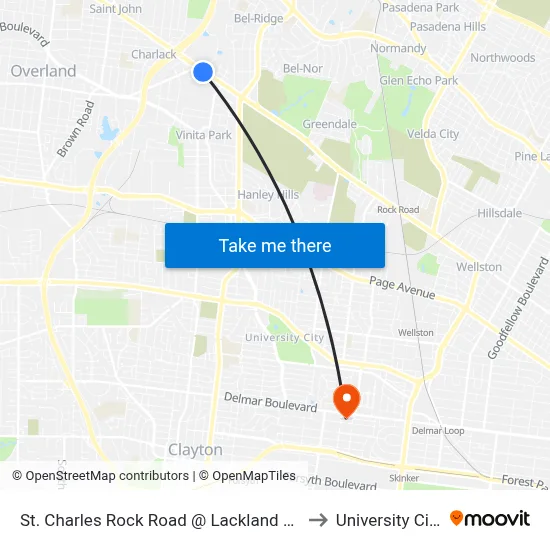 St. Charles Rock Road @ Lackland Eb to University City map