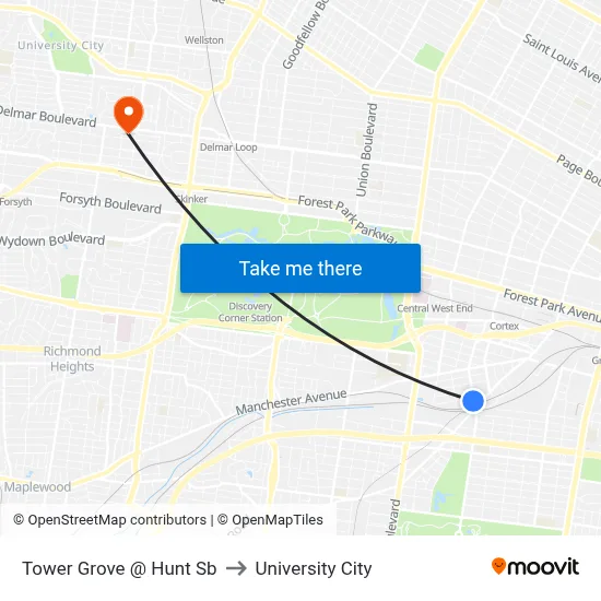Tower Grove @ Hunt Sb to University City map