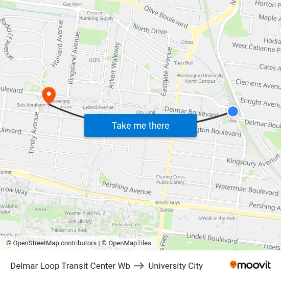 Delmar Loop Transit Center Wb to University City map