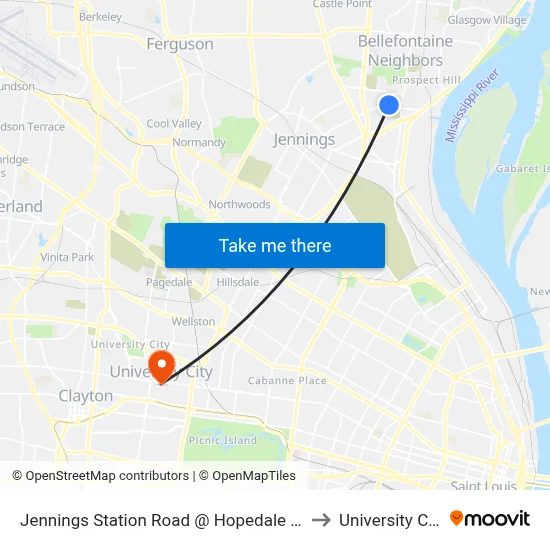Jennings Station Road @ Hopedale Wb to University City map