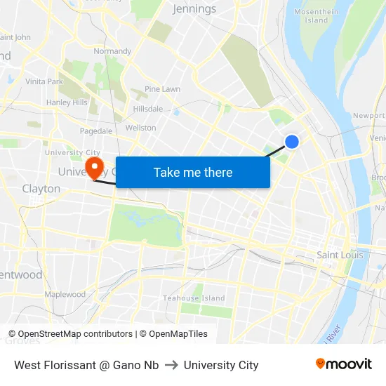 West Florissant @ Gano Nb to University City map
