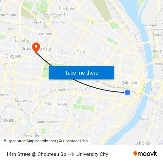 14th Street @ Chouteau Sb to University City map