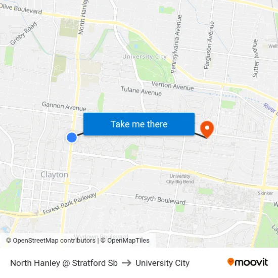 North Hanley @ Stratford Sb to University City map