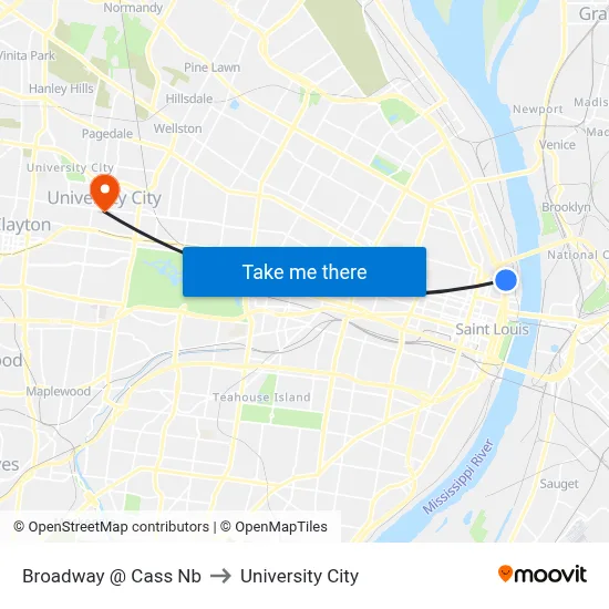 Broadway @ Cass Nb to University City map