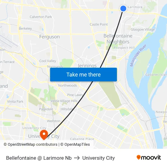 Bellefontaine @ Larimore Nb to University City map