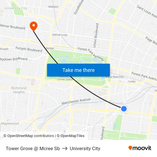 Tower Grove @ Mcree Sb to University City map