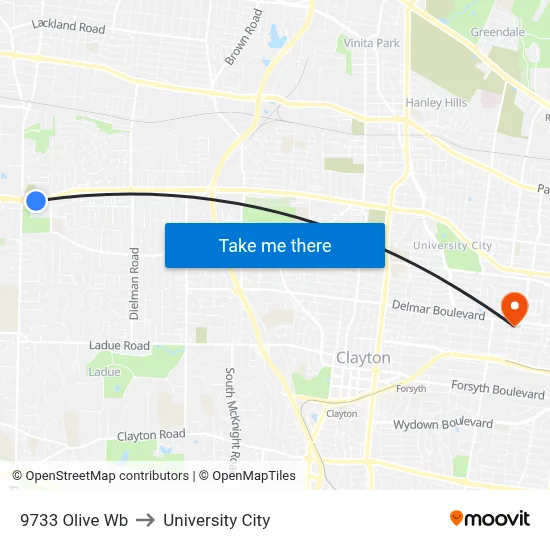 9733 Olive Wb to University City map