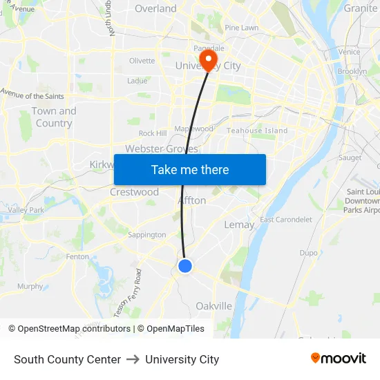 South County Center to University City map