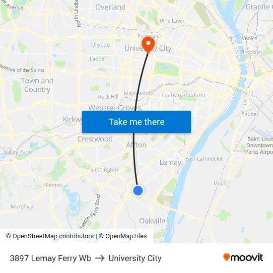 3897 Lemay Ferry Wb to University City map