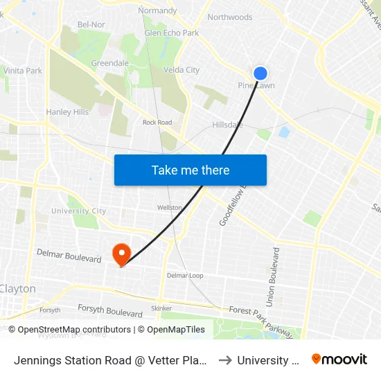 Jennings Station Road @ Vetter Place Sb to University City map