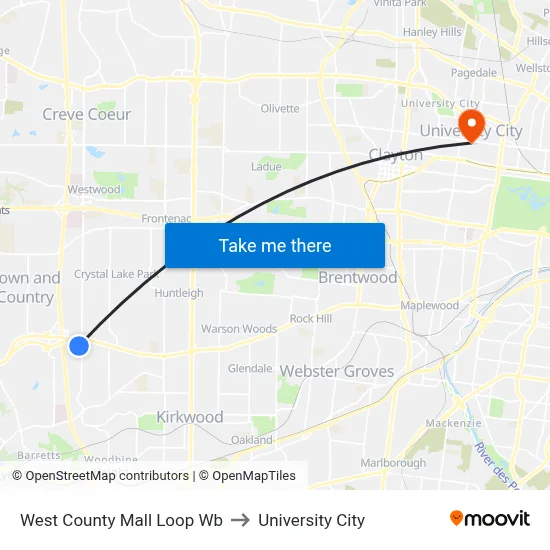 West County Mall Loop Wb to University City map