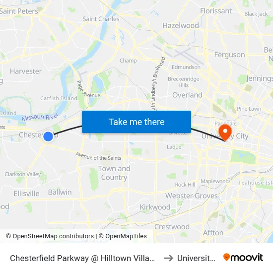 Chesterfield Parkway @ Hilltown Village Center Nb to University City map