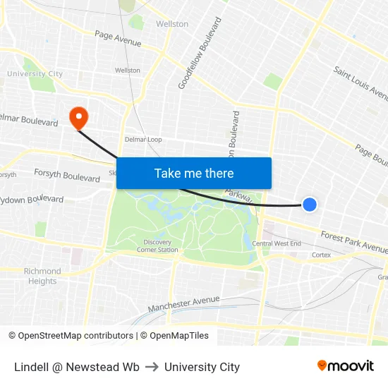 Lindell @ Newstead Wb to University City map