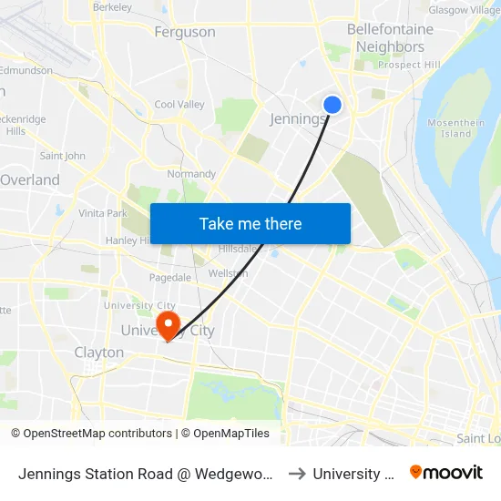 Jennings Station Road @ Wedgewood Nb to University City map